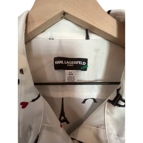 Karl Lagerfeld Paris Eiffel Tower Print Long Sleeve Button-Up Blouse L - Picture 4 of 4